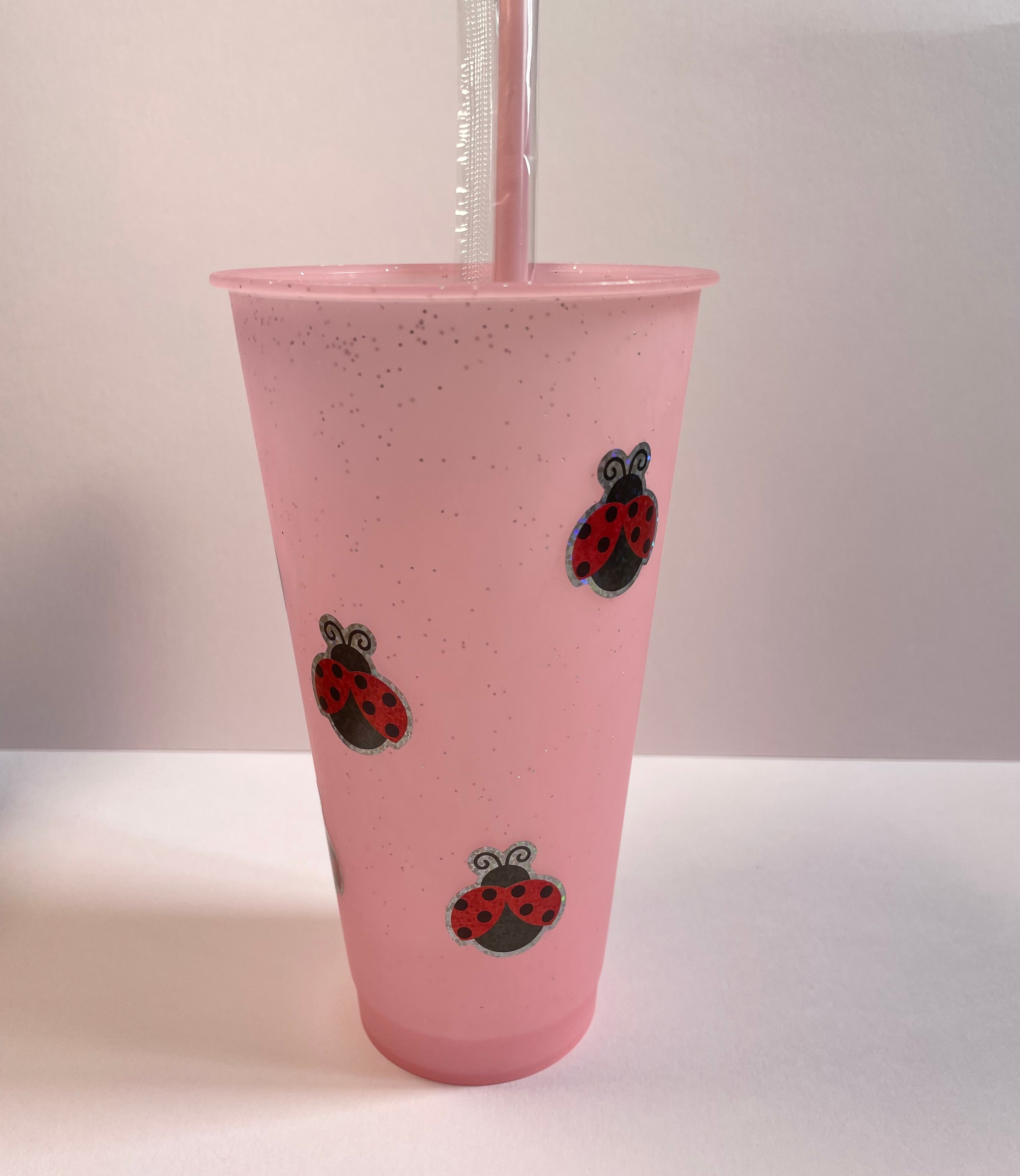 Pink ladybird tumblers (700ml comes with lid and straw)