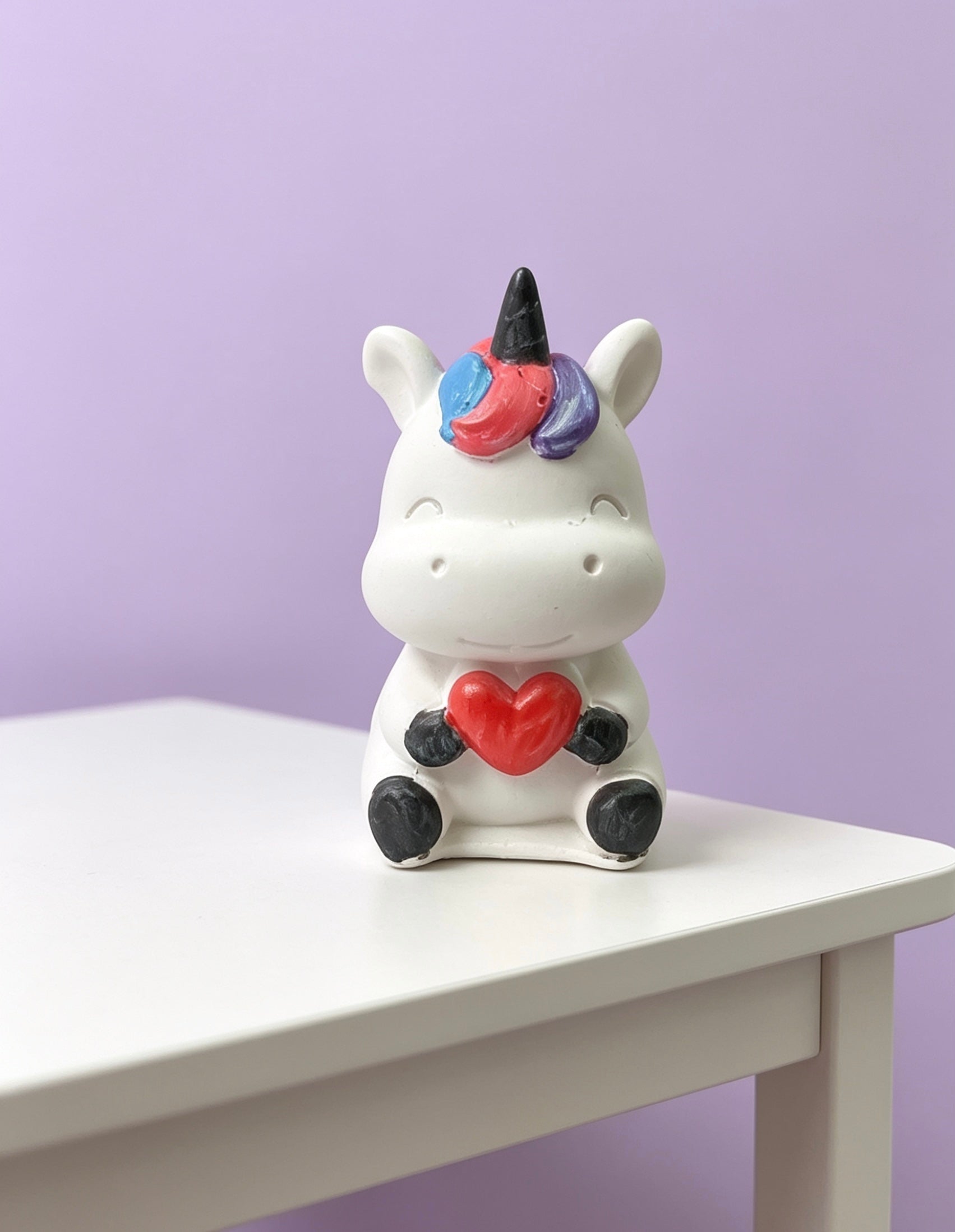 A while unicorn smiling holding a red heart with pink blue and purple hair 