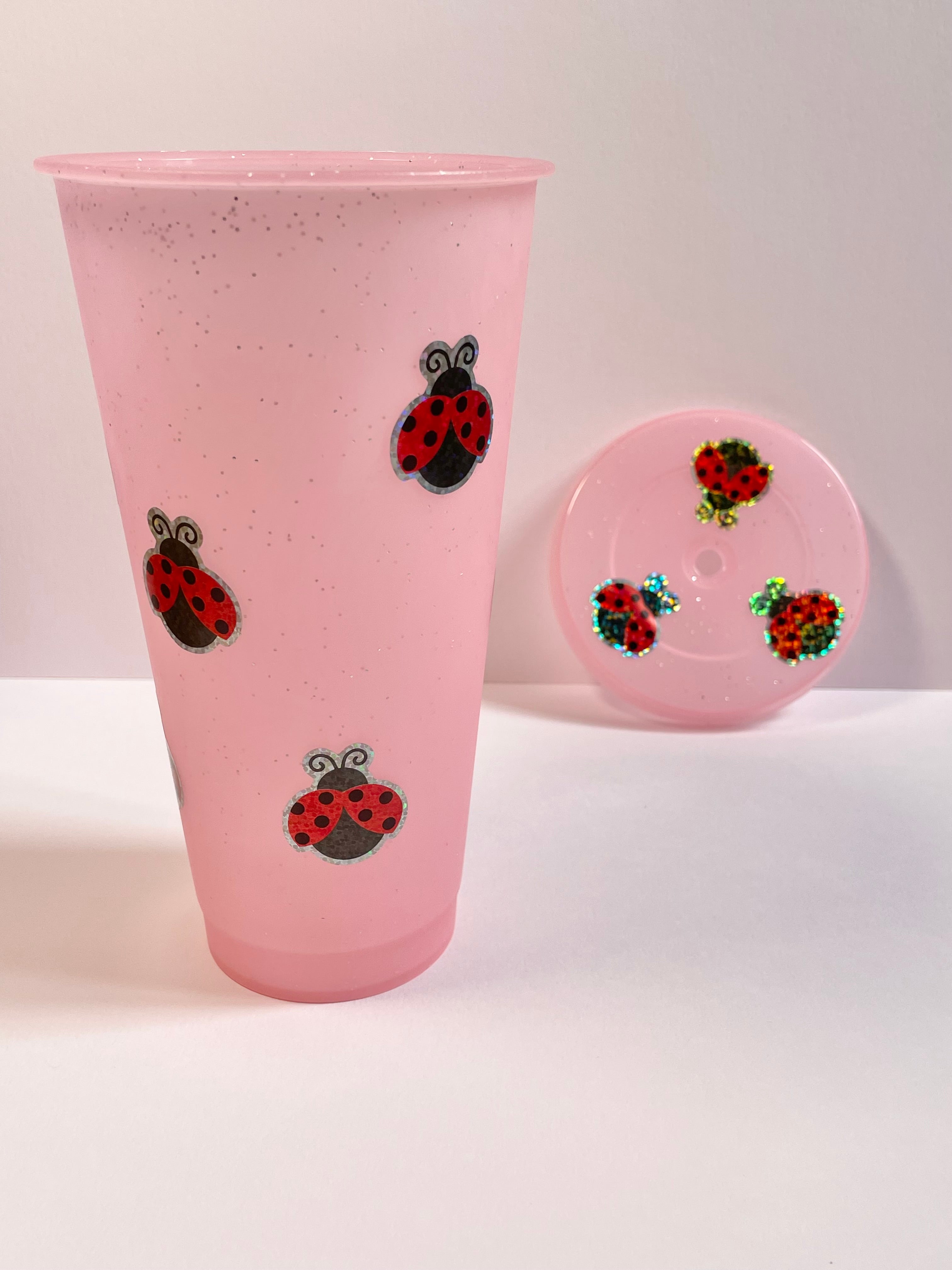 Pink ladybird tumblers (700ml comes with lid and straw)