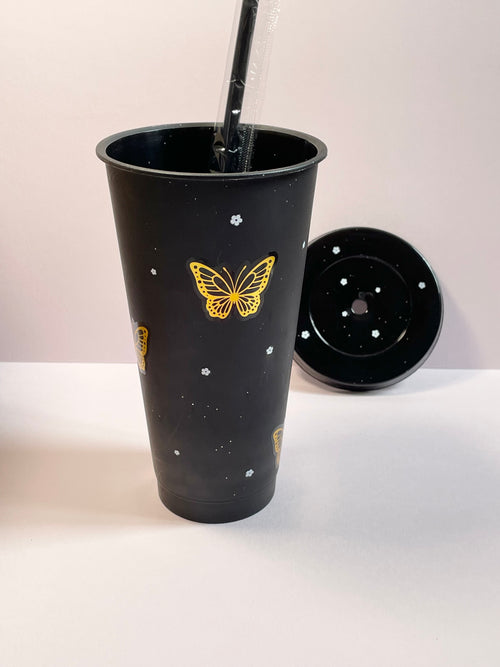 Black with Gold butterflies tumbler ( 700ml comes with lid and straw)