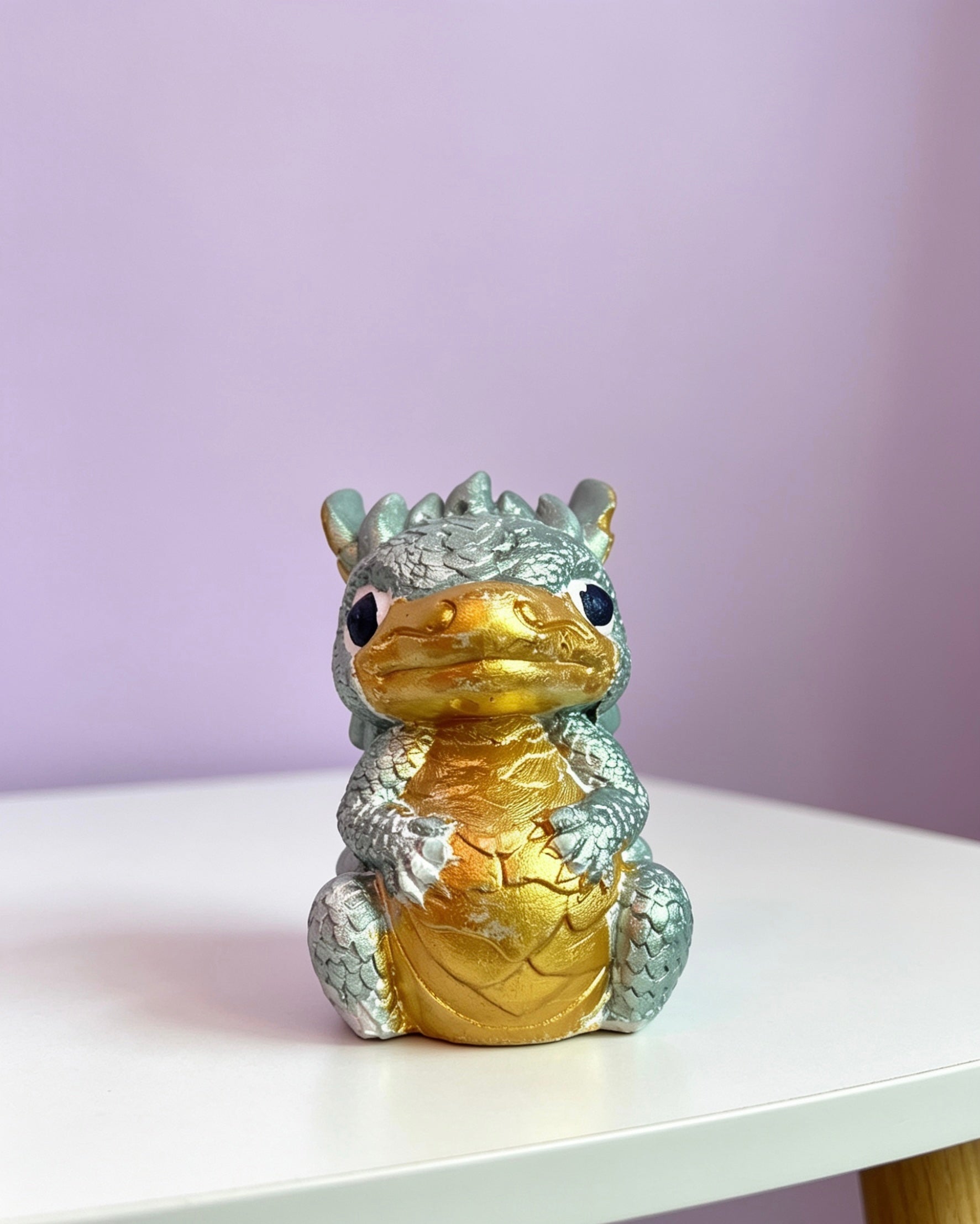 A small dragon figurine with a metallic gold belly and head, and silver-gray scaled body and limbs, sitting on a white tabletop against a soft lavender background.
