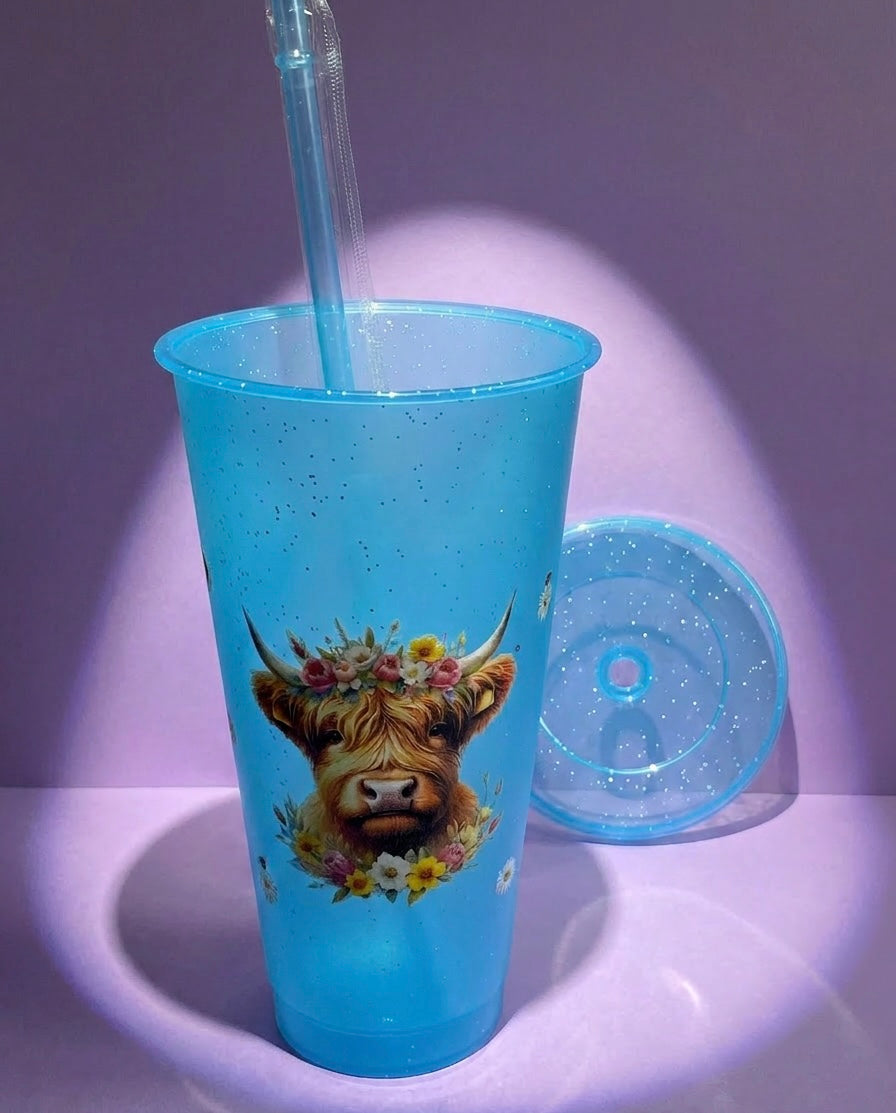 Blue cow and daisy tumbler (700ml with lid and straw)