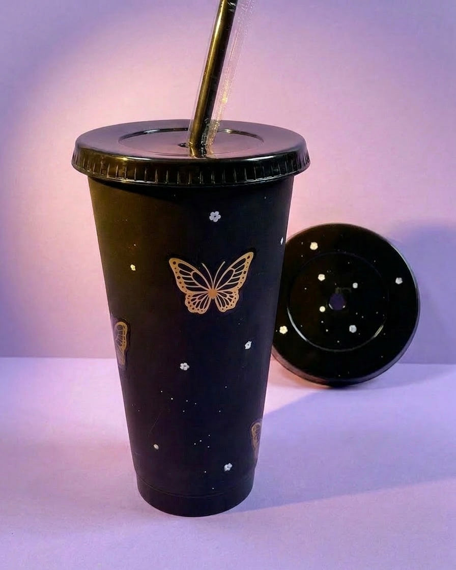 Black with Gold butterflies tumbler ( 700ml comes with lid and straw)