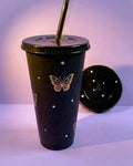 Black with Gold butterflies tumbler ( 700ml comes with lid and straw)